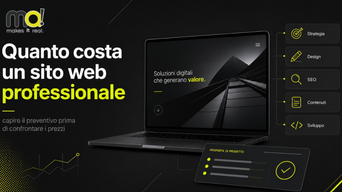 Laptop con mockup di sito aziendale e card su strategia, design, SEO e contenuti per un articolo sul costo di un sito web professionale