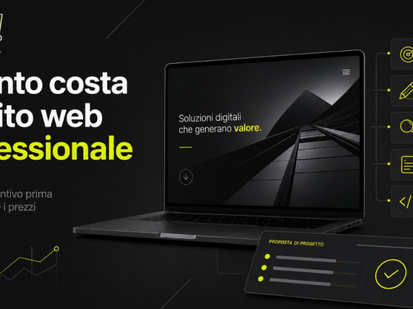Laptop con mockup di sito aziendale e card su strategia, design, SEO e contenuti per un articolo sul costo di un sito web professionale