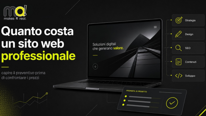 Laptop con mockup di sito aziendale e card su strategia, design, SEO e contenuti per un articolo sul costo di un sito web professionale