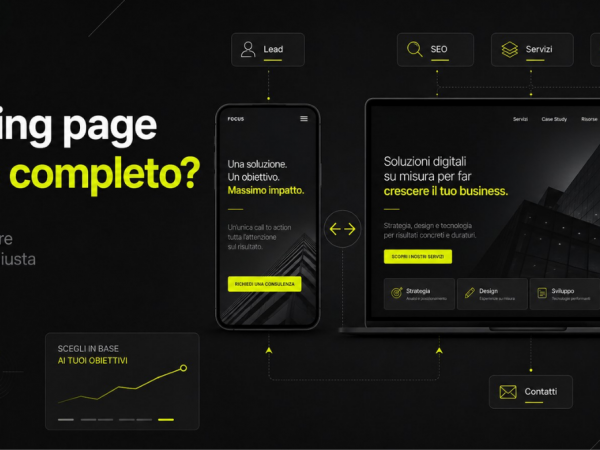 Confronto visivo tra landing page e sito completo con mockup web in stile MA! Creative Studio