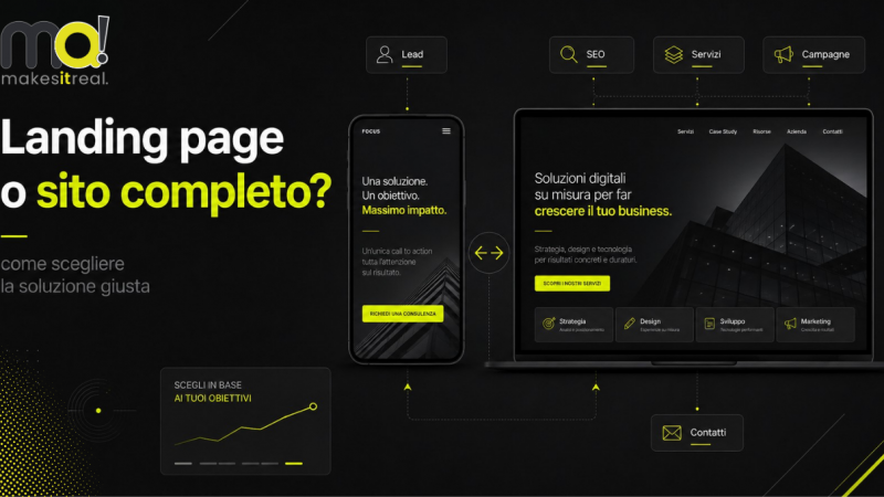 Confronto visivo tra landing page e sito completo con mockup web in stile MA! Creative Studio