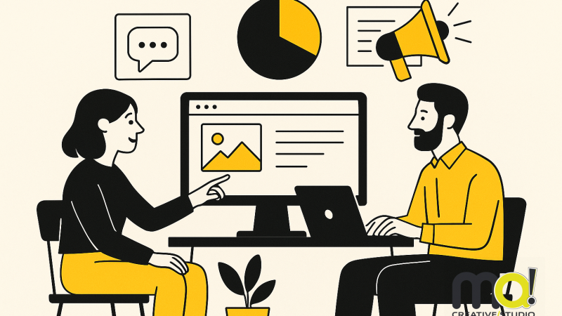 Due persone discutono davanti a un computer e grafica aziendale.